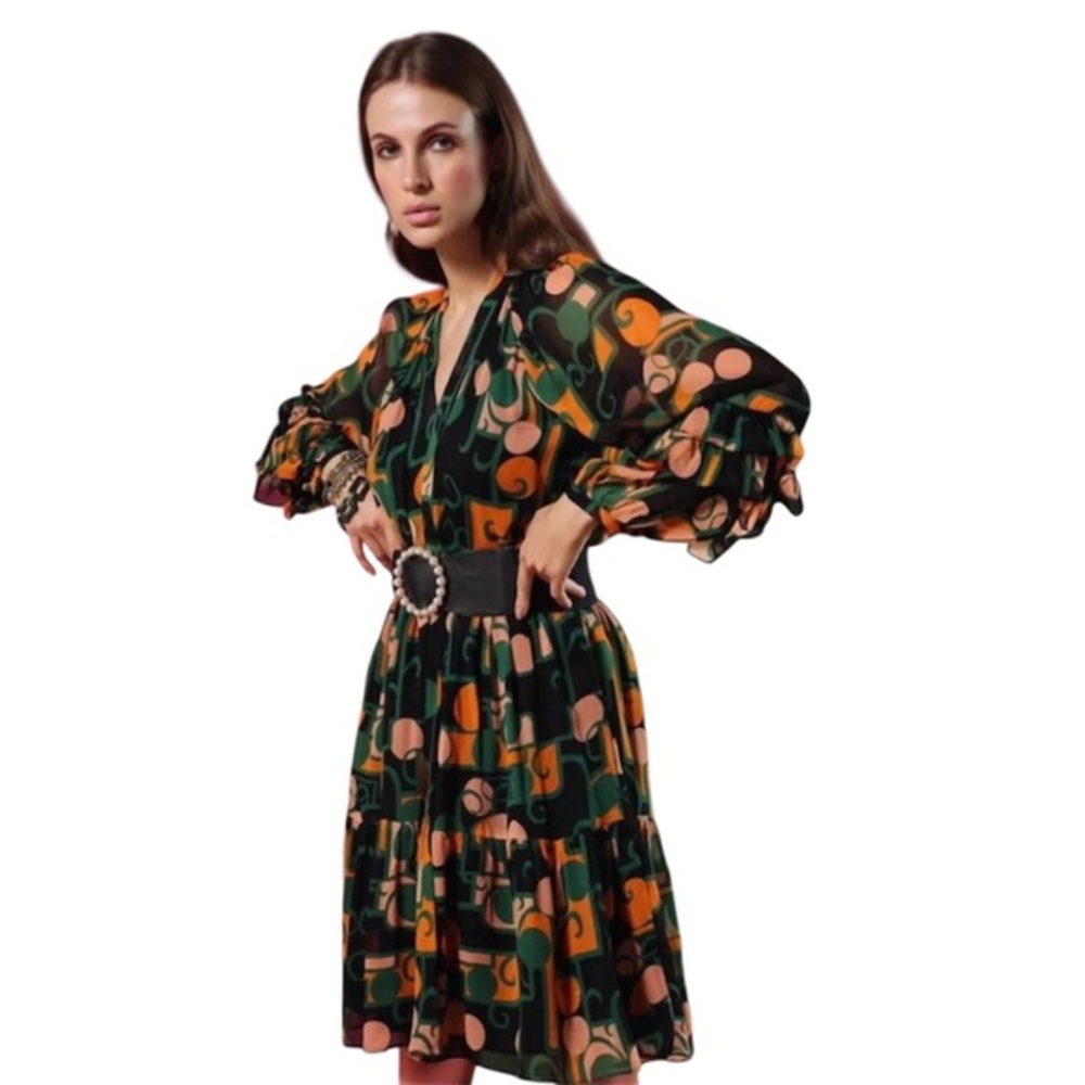 Maude Vivante art deco Alana dress ruffle fit and flare mini chiffon M